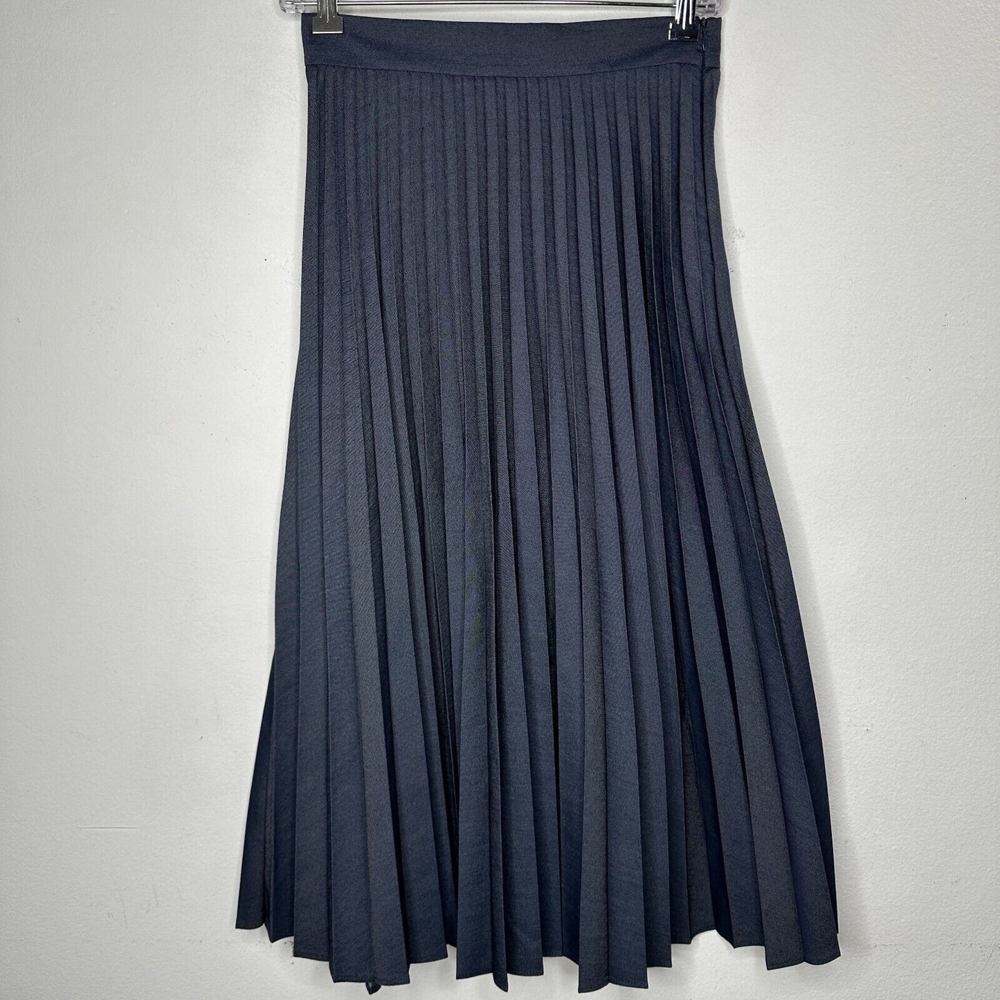 Zara Dark Blue Wash Box Pleated Denim Look Midi Skirt Waistband Side Zipper XS
