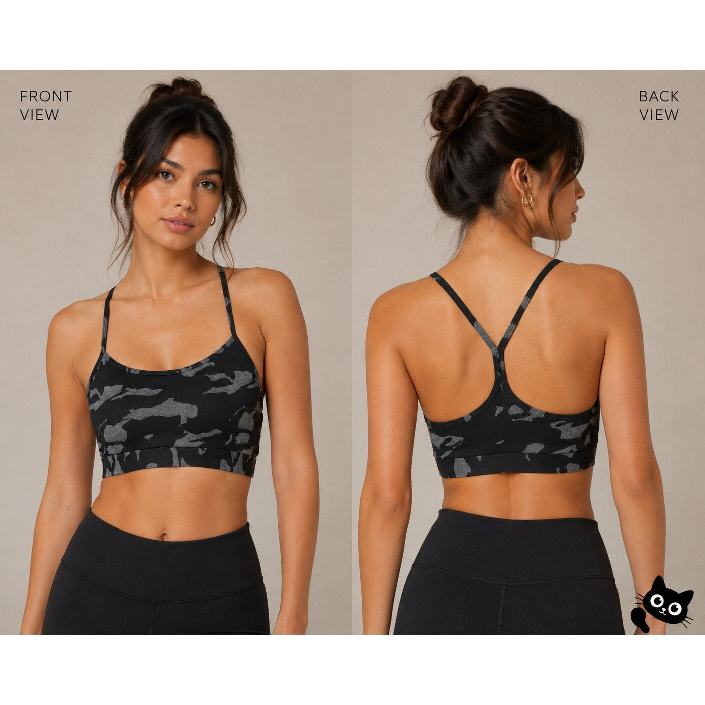 Monroe Black & Gray Camo Print Spaghetti Strap Scoop Racer T-back Sports Bra S