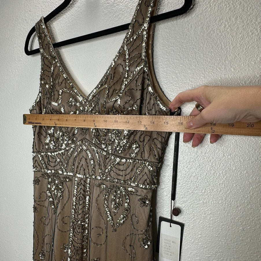 NWT Sue Wong Beaded Gold Mesh Top Black Fringe Bottom Evening Dress 8