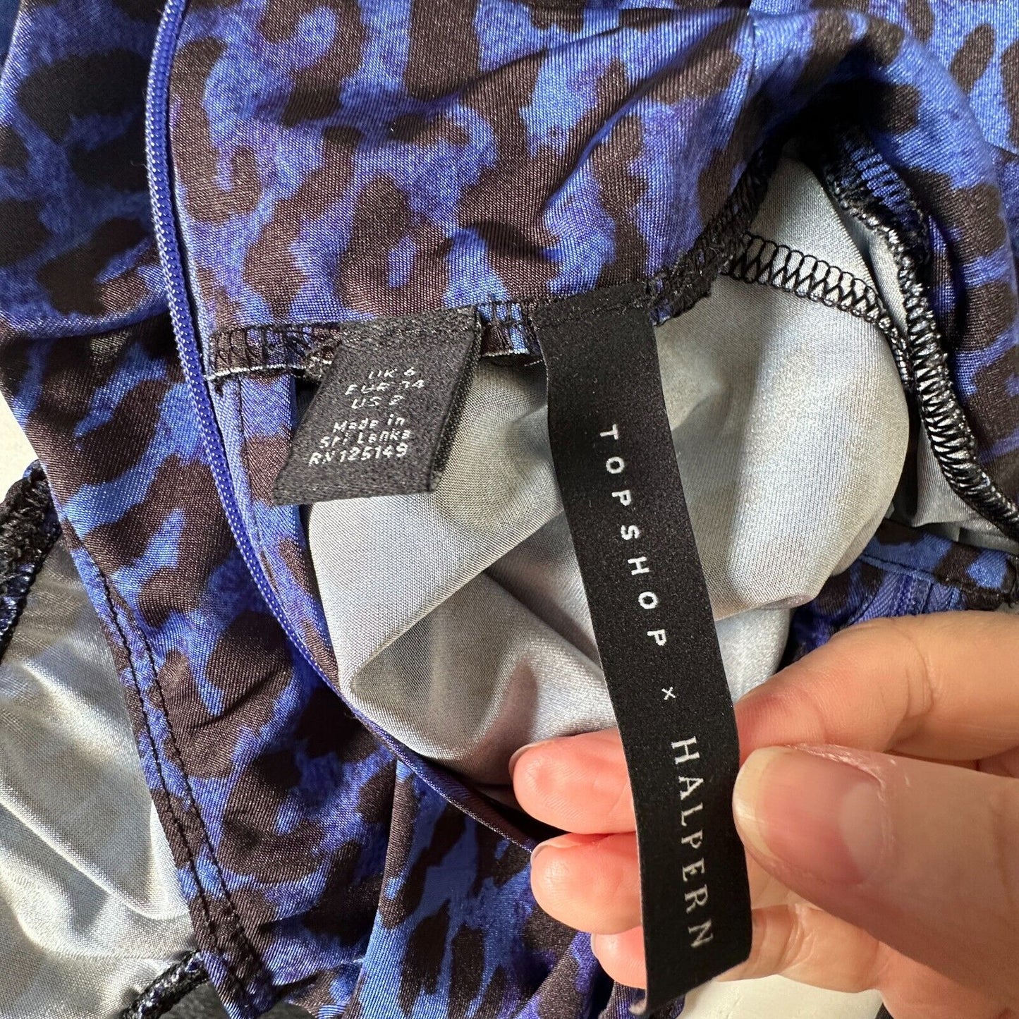 Topshop x Halpern Blue & Black Cheetah Mock Neck Back Zip Snap Bottom Bodysuit 2