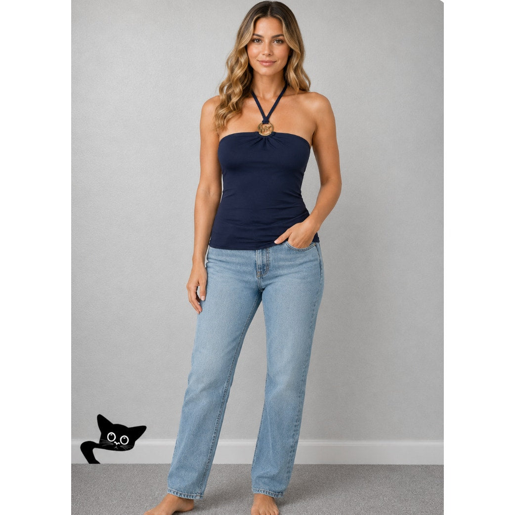 Michael Kors Navy Blue Halter Tankini Top XS Gold MK Logo Hardware Swimwear