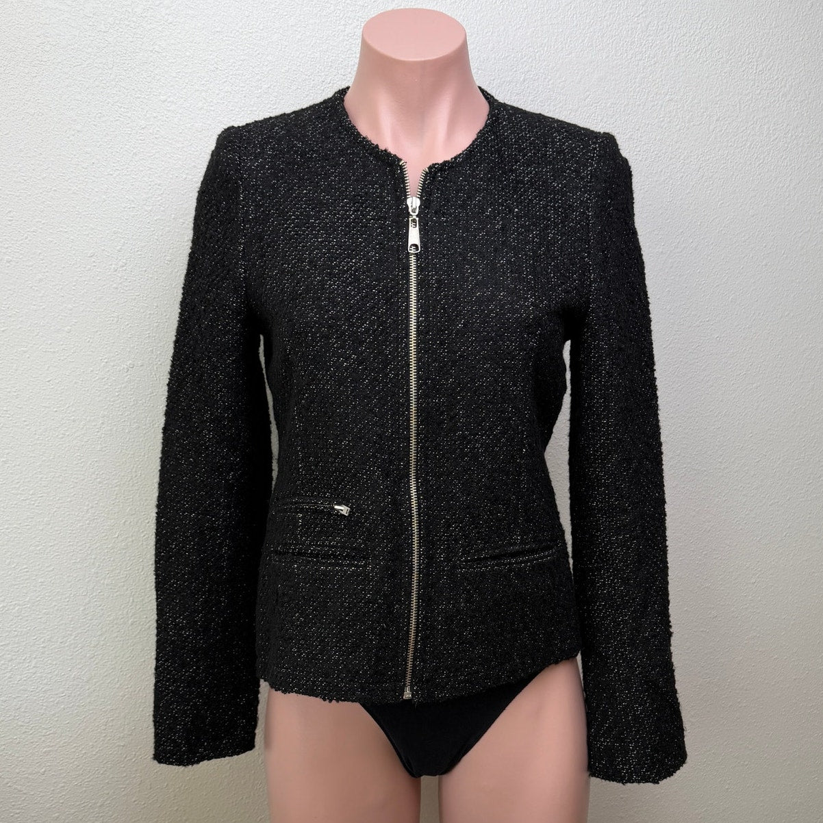 Anine Bing Houndstooth Tweed Jacket Zip Front Shoulder Pad Size S