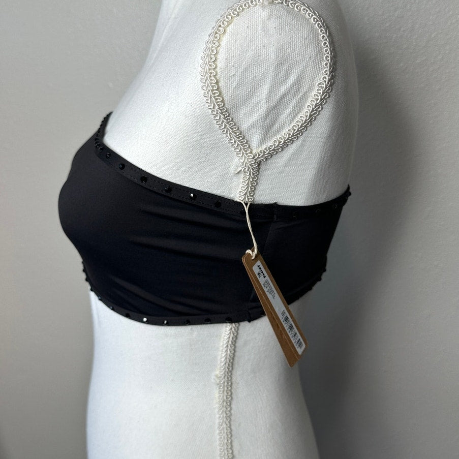 NWT SKIMS Swim Rhinestone Bandeau Top S Onyx Black Strapless Sparkle Swimwear
