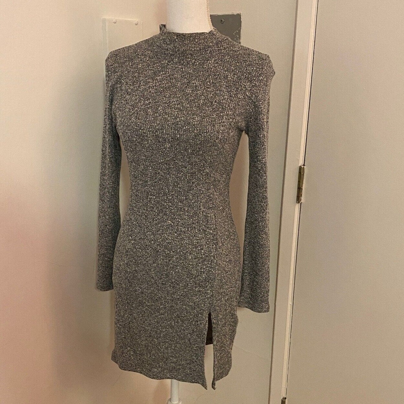 Better Be Marled Grey Knit Mock Neck Long Sleeve Split Front Bodycon Mini M