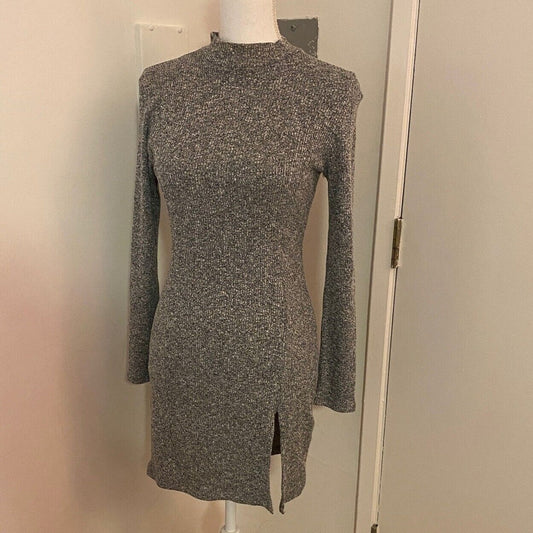 Better Be Marled Grey Knit Mock Neck Long Sleeve Split Front Bodycon Mini M