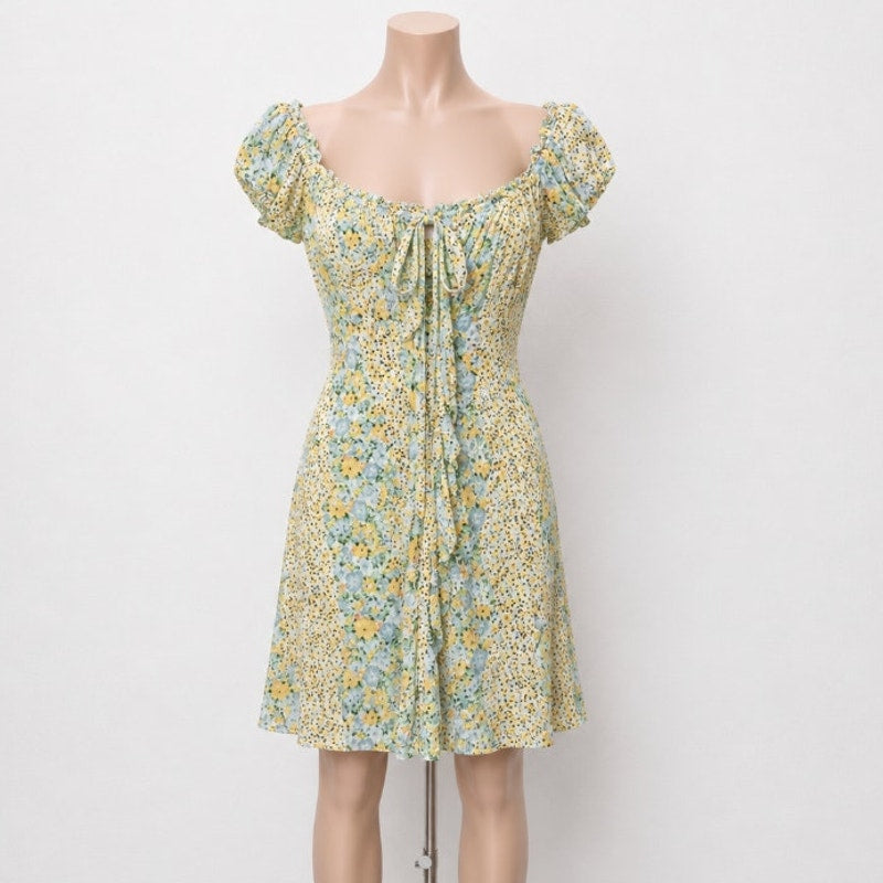 Topshop Cute Yellow Multi Color Ditsy Floral Off Shoulder Mini Puff Sleeve 4