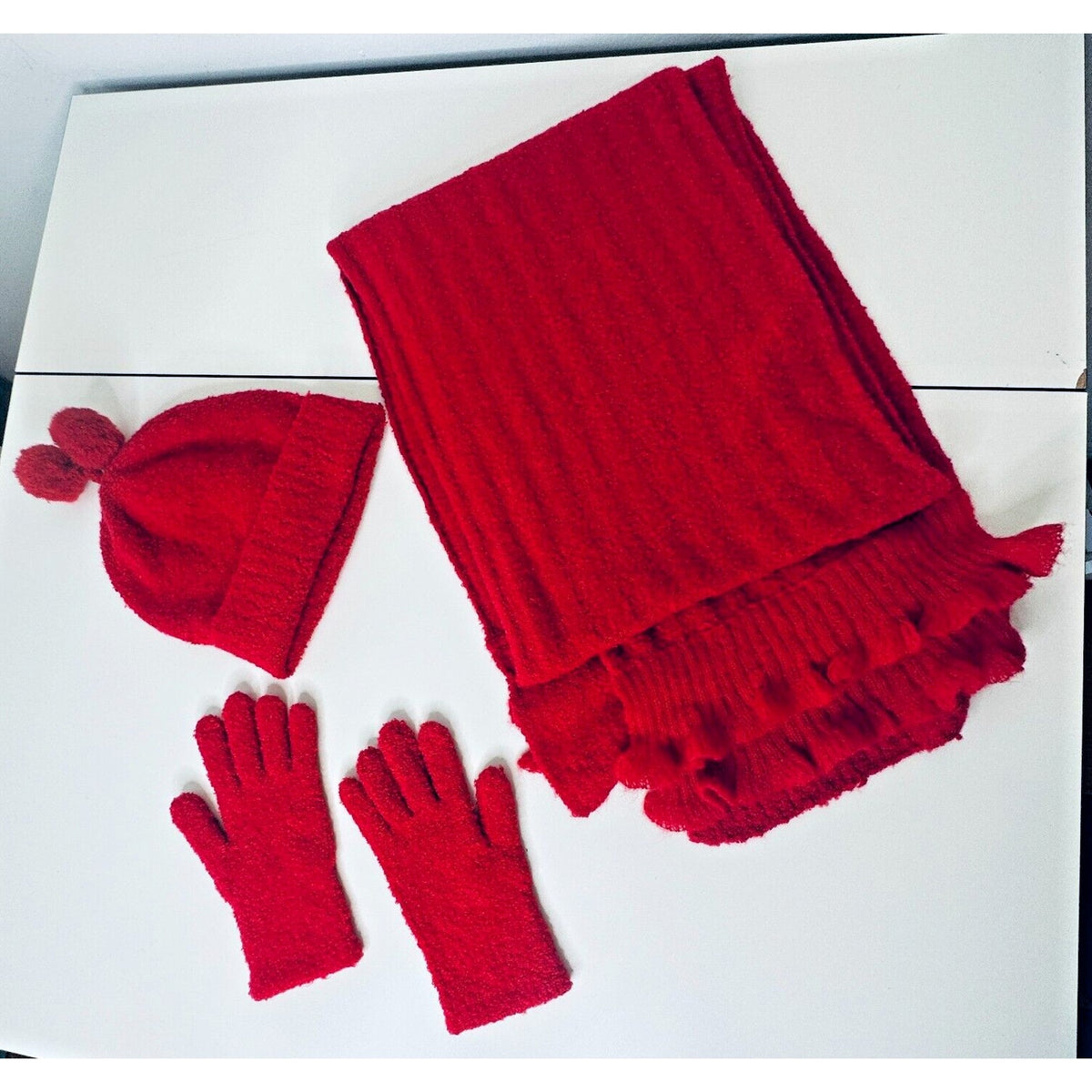 NWOT Moda Intl Cute Red Ribbed Winter Hat Scarf and Gloves Set Pom Poms OS