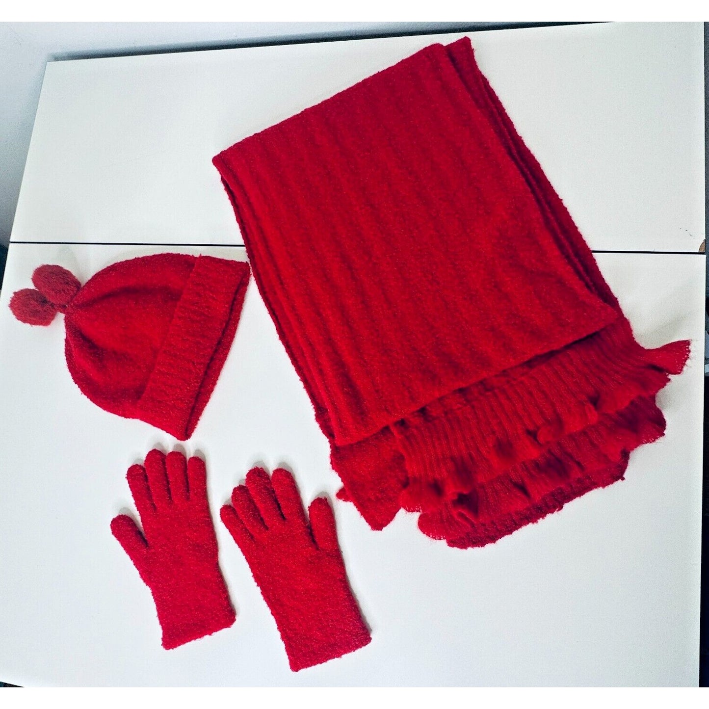 NWOT Moda Intl Cute Red Ribbed Winter Hat Scarf and Gloves Set Pom Poms OS