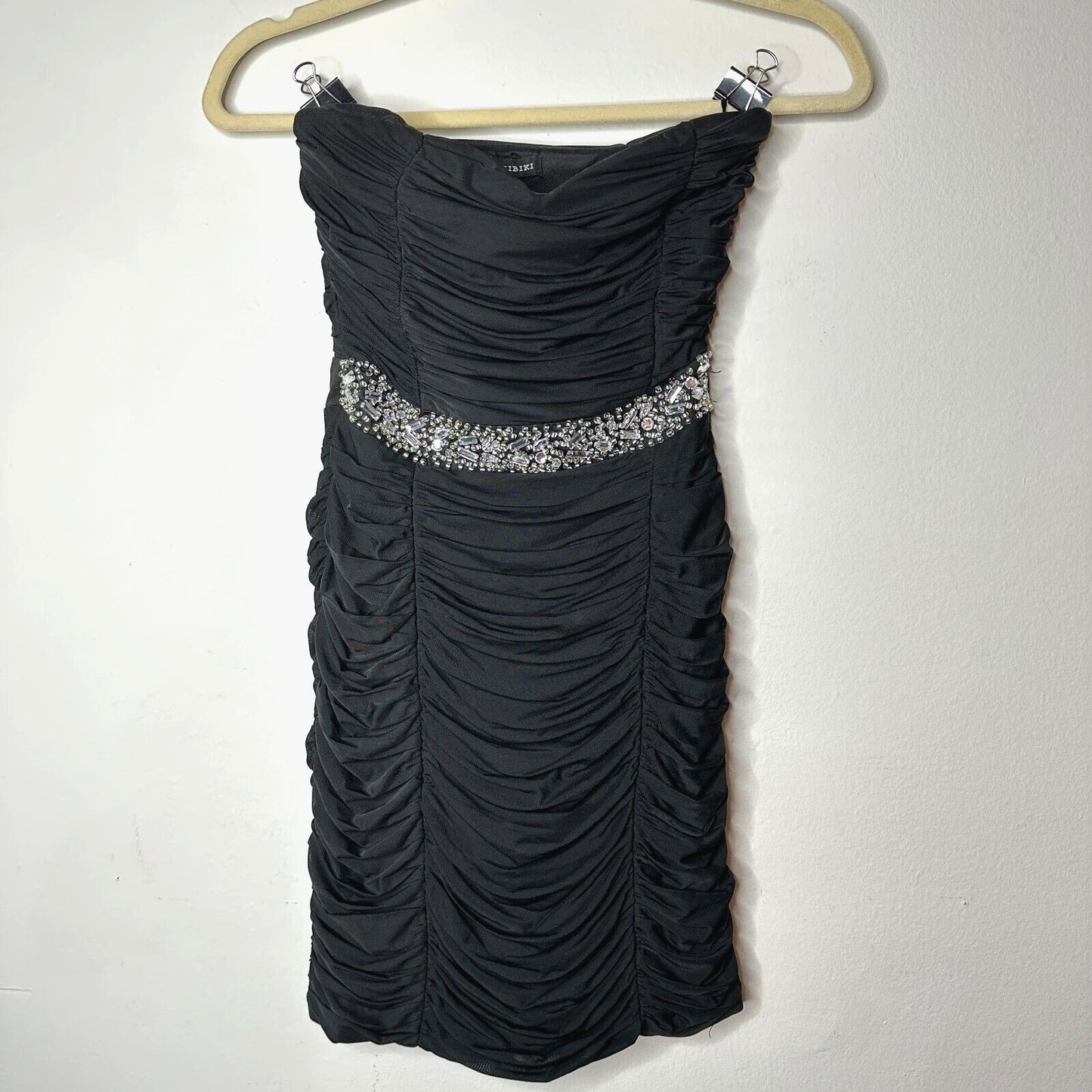 Nikibiki Black Strapless Ruched Bedazzled Rhinestone Front Waist Belt Mini Small