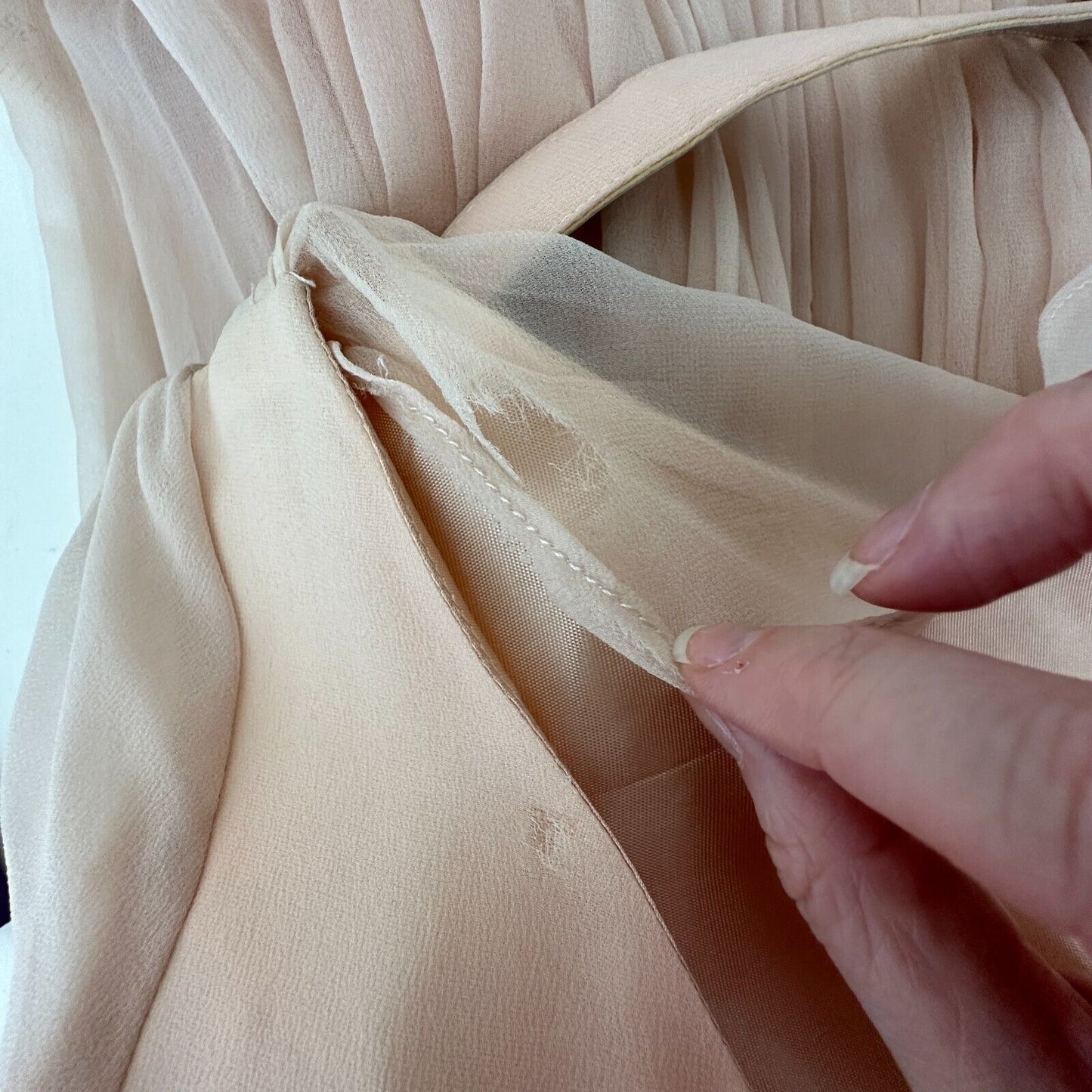 Vintage Size 15 Peach Chiffon Pleated Belted Sleeveless Dress Drape Neck BackZip