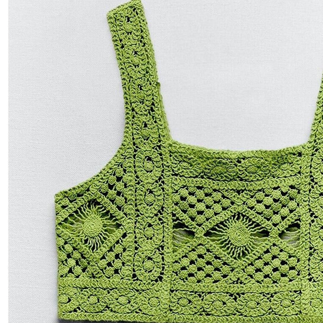 NWT Zara Cute Boho Lime Green Square Neck Boxy Crochet Crop Tank Top Small
