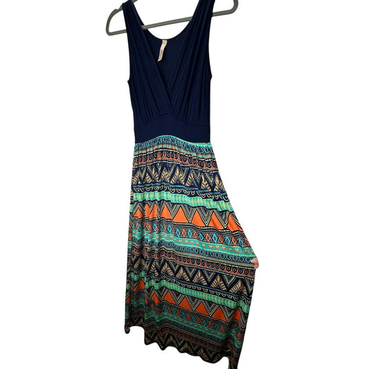 Gilli Navy Blue Teal Orange Multi Print Faux Wrap V-Neck Sleeveless Maxi Dress M