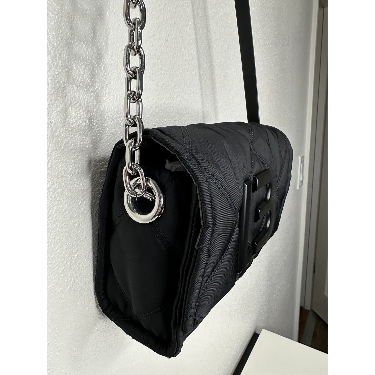 BYL Small Black Padded Nylon Crossbody Bag Leather & Chain Strap