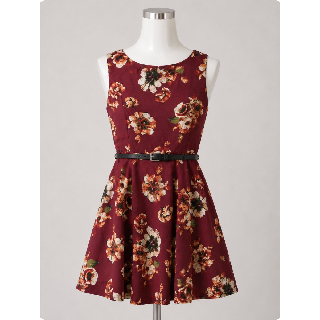 Grunge Y2k Iris Red Wine Floral belted Fit & Flare Sleeveless Knit Dress Small