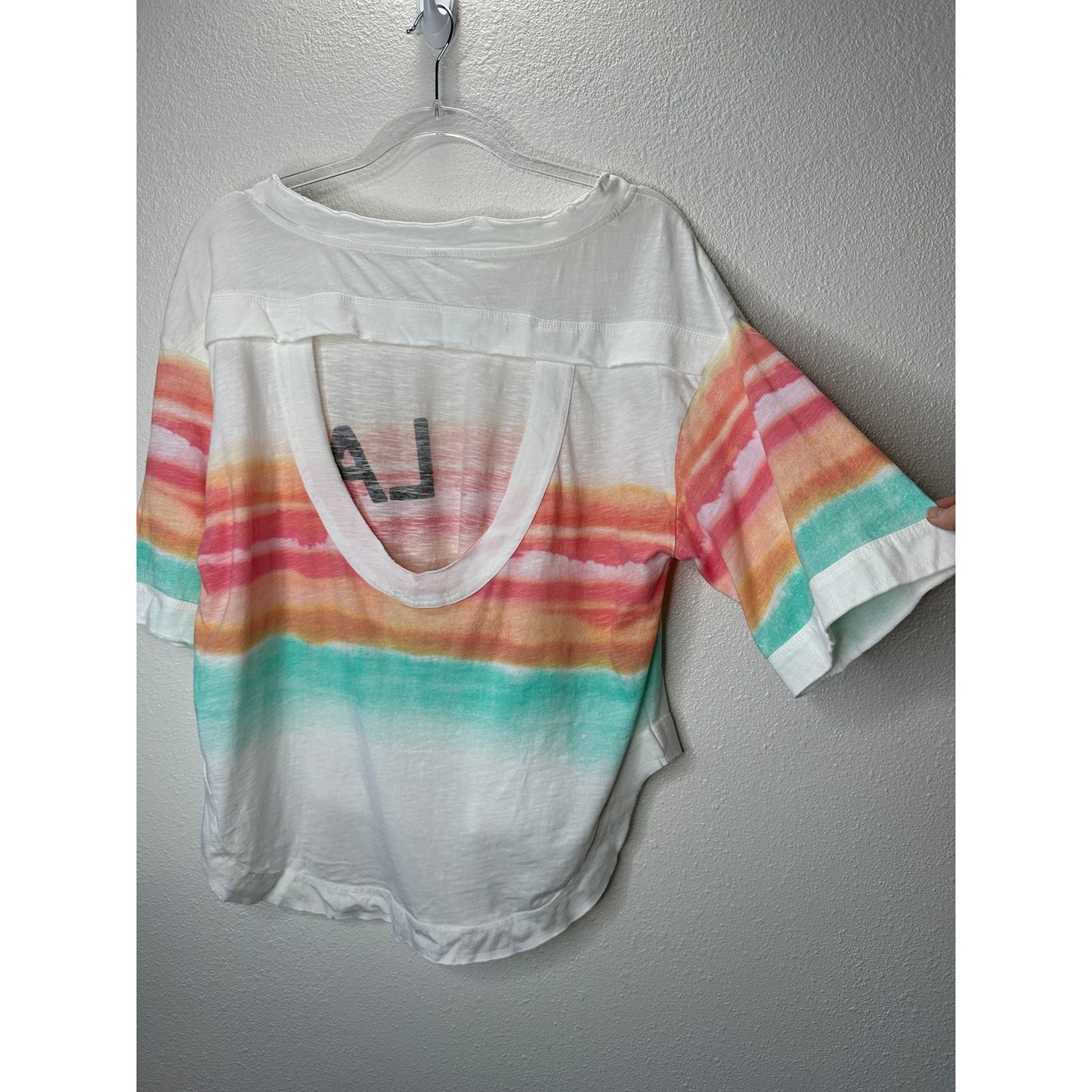 Daily Practice Ivory Peach Teal Striped LA logo High Low Tee XXS