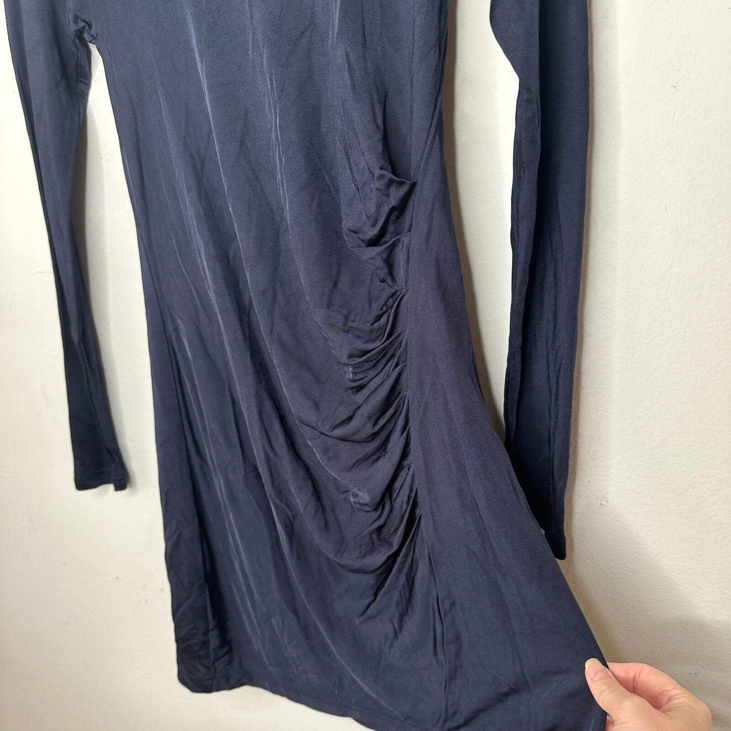 Club Monaco Sexy Jet Black Bodycon Long Sleeve Boat Neck Side Ruche Mini00