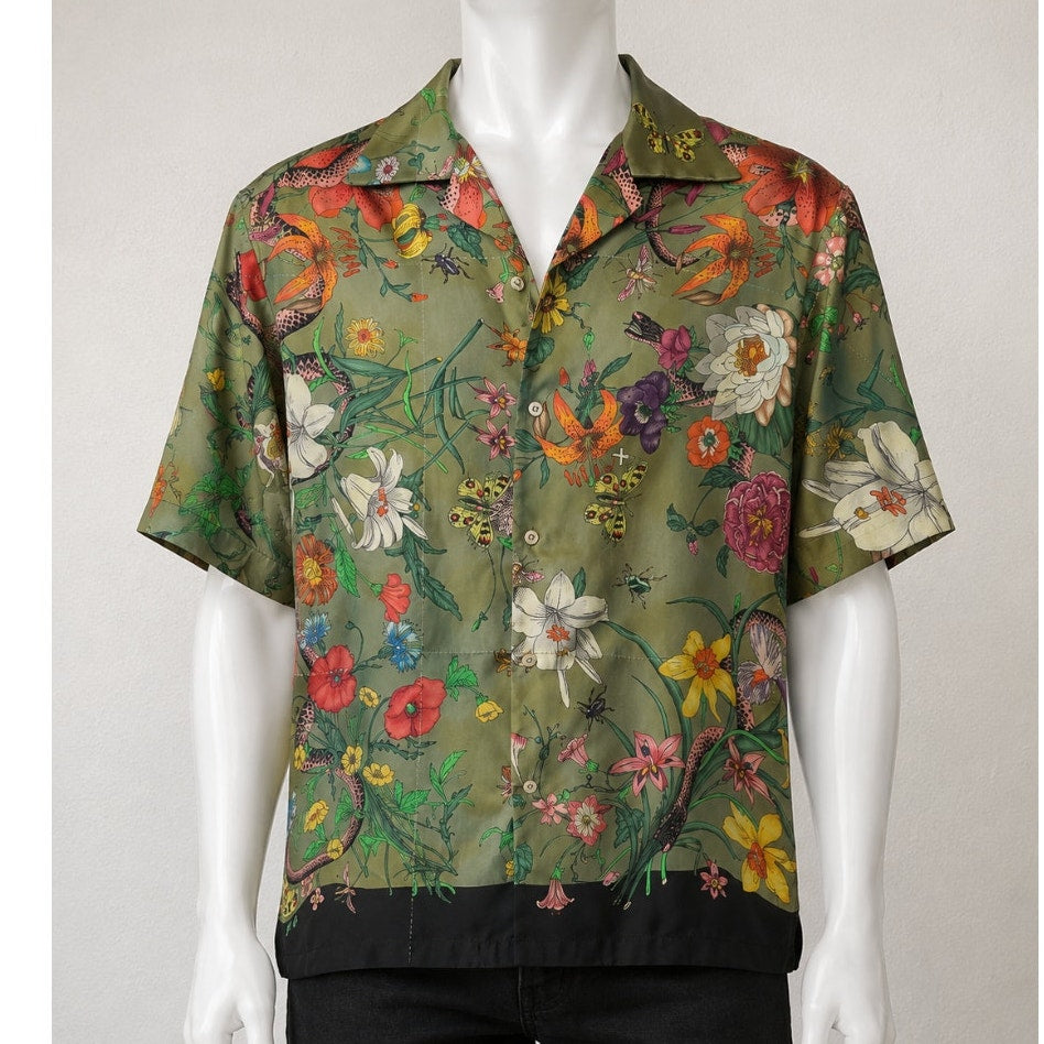 Gucci Olive Flora Snake Silk Camp Shirt Men's US 34