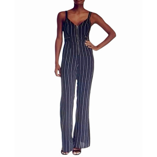 Dance & Marvel Black & White Pinstripe Cinched Sides Wide Leg Front Zip Jumpsuit