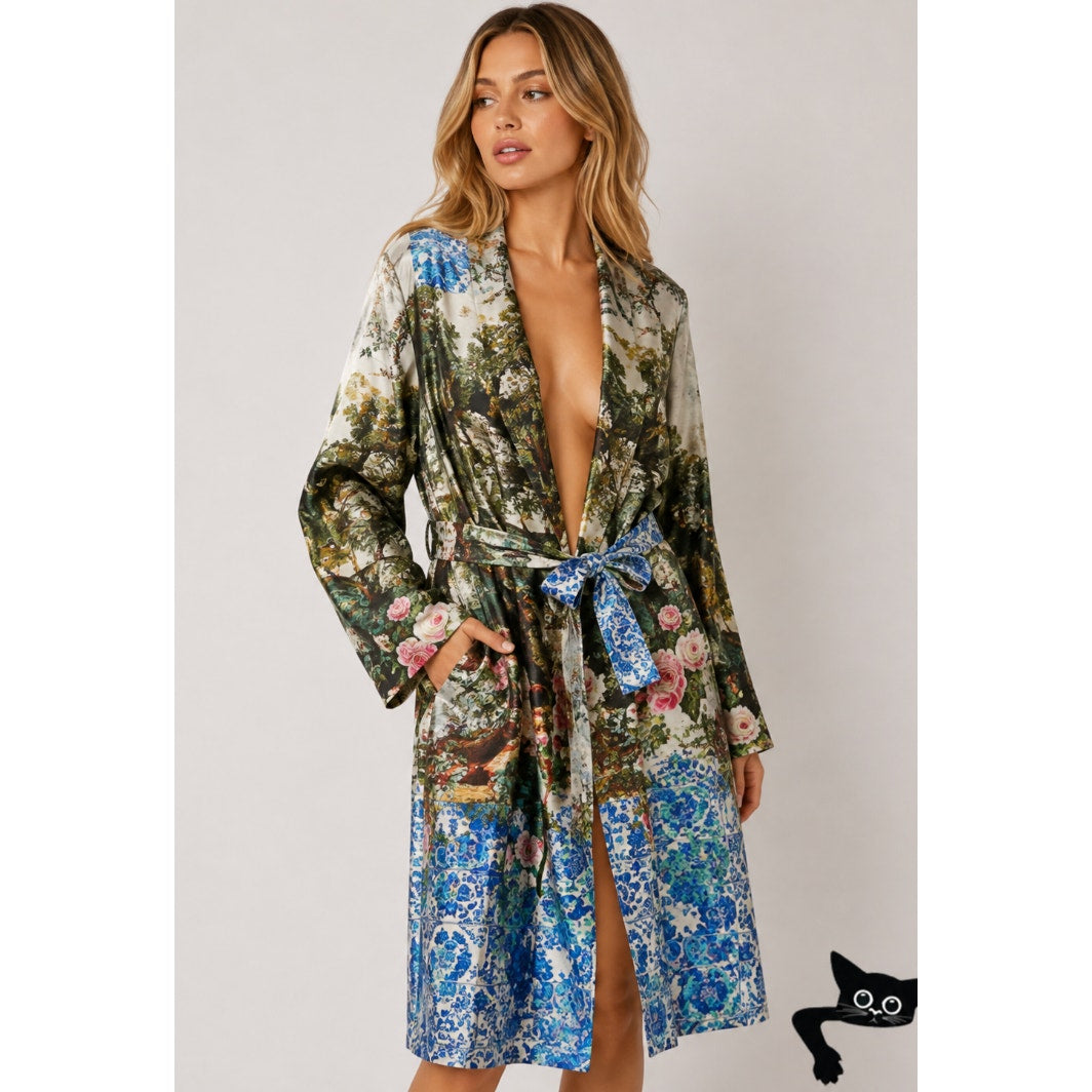 Libertine Ottoman Empire Birds Tie Waist House Coat Long Sleeve Green 3X / XL