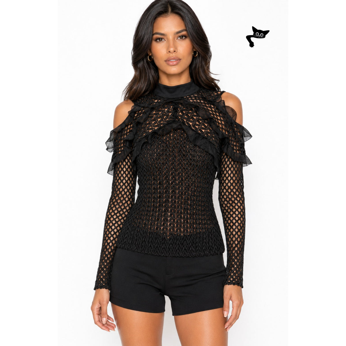 Self-Portrait Black Purl Knit Cold Shoulder Top US 4