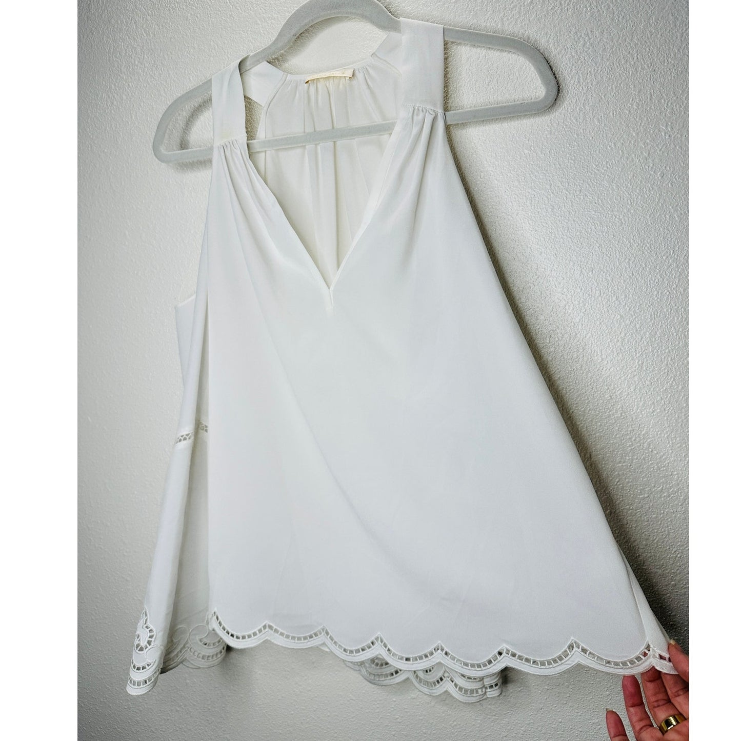 Ramy Brook White Cold Shoulder Eyelet Lace Bell Sleeve Eyelet Trim Blouse XS