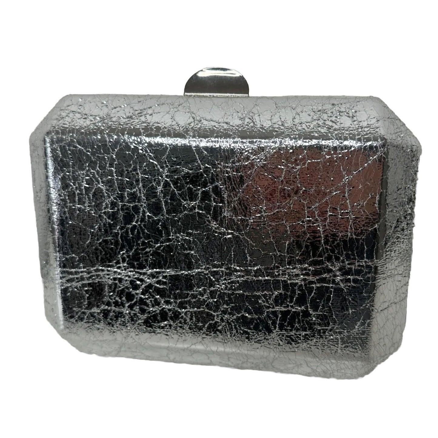 Lulu's Silver Metallic Krinkle Box Snap Close Clutch Purse & Chain Strap