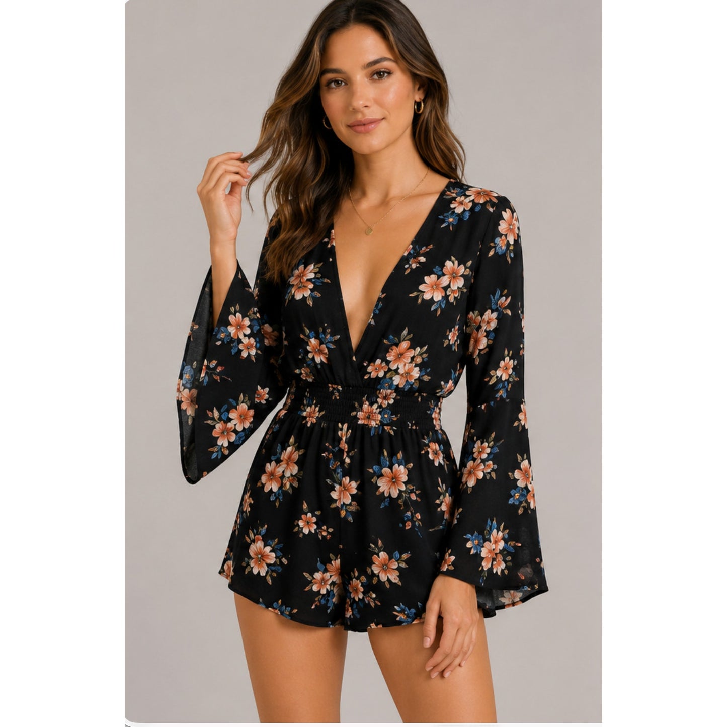 NWT Sadie & Sage Black With Peach Blue Floral Long Bell Sleeve Deep-V Romper S