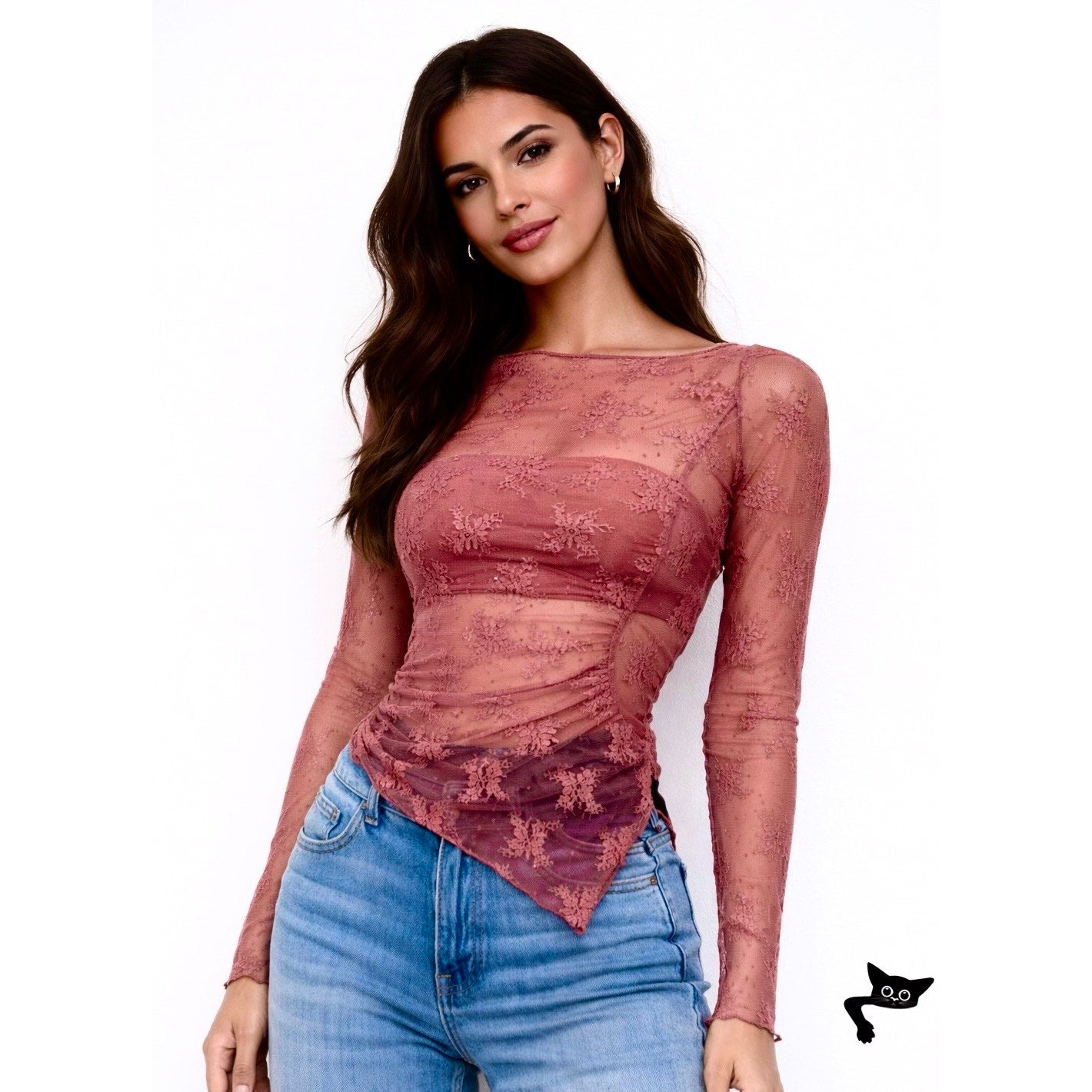 Free People Mauve Sheer Ruched Lace Top XS