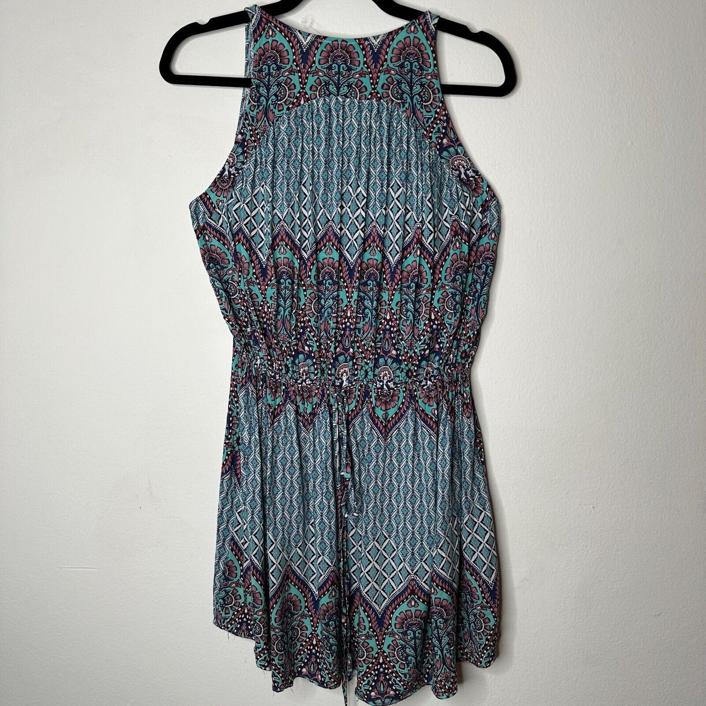 Olivaceous Teal Pink Multi Color Paisley Sleeveless Flowy Mini Tie VFront Small