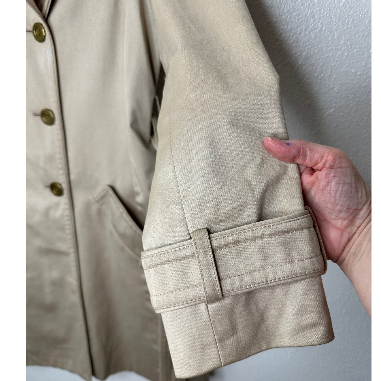 Coach Tan Double Breasted Tie Belt Trench Coat Gold Buttons Small