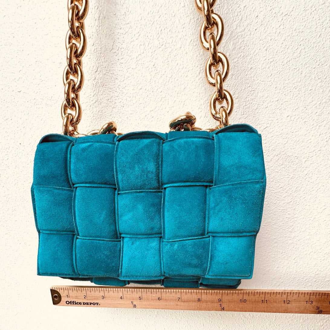 NWOT Bottega Veneta Chain Cassette Bag – Turquoise Suede with Gold-Tone Chain