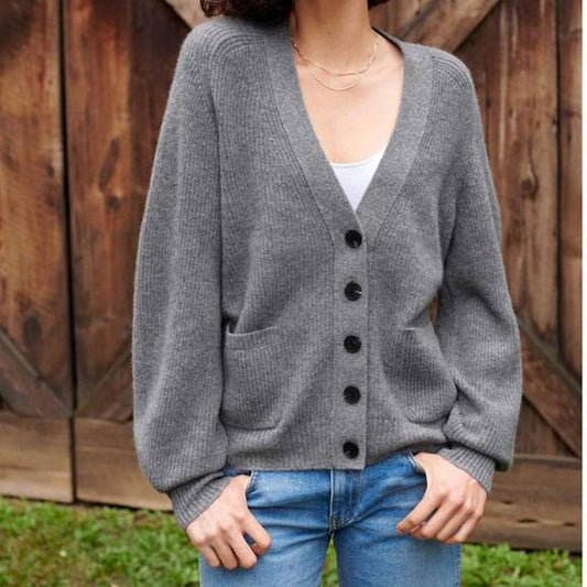 White + Warren Gray Recycled Cashmere Ribbed Button Boyfriend Cardigan S