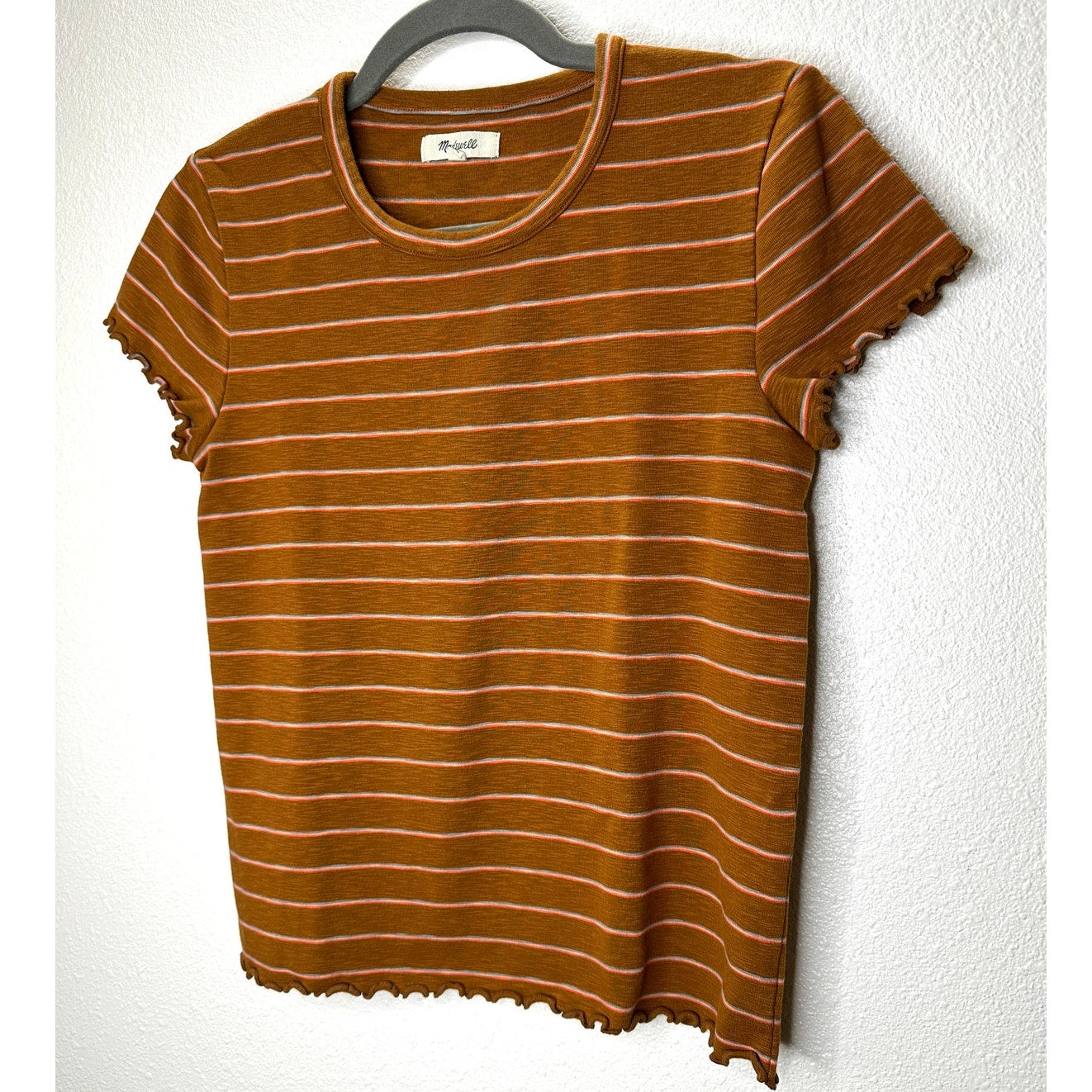 Madewell Rust Brown Peach Blue Stripe Short Sleeve Lettuce Hem Shirt M