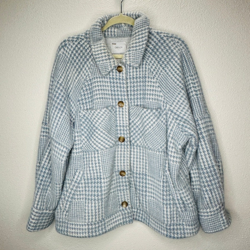 Greylin Blue & White Houndstooth Check Plaid Button Front Collared Jacket L