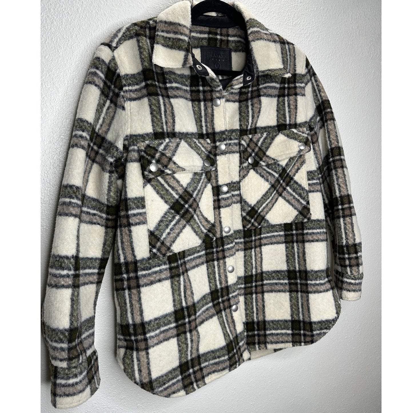 Blank NYC Cream Brown Plaid Snap Button Collared Shacket S