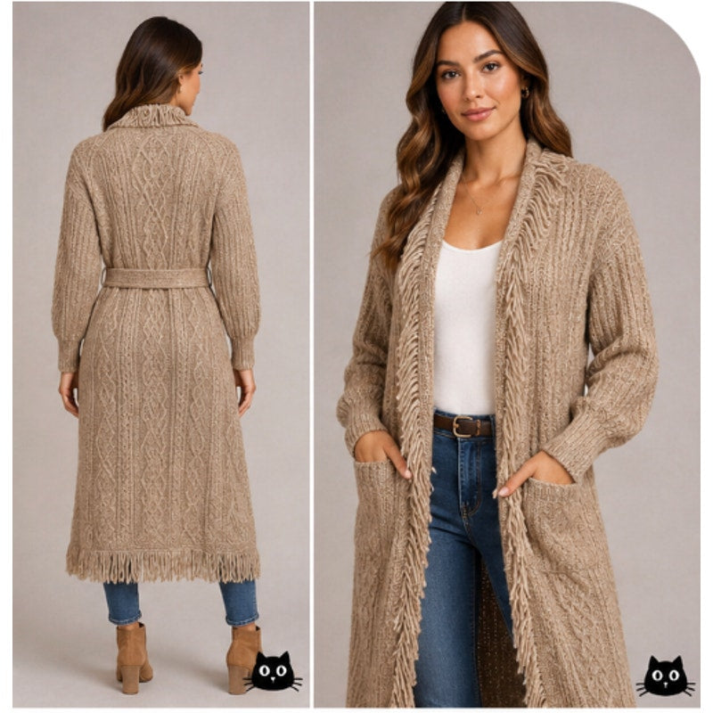 Olivaceous Tan Cream Cable Knit Fringe Trim Midi Cardigan L