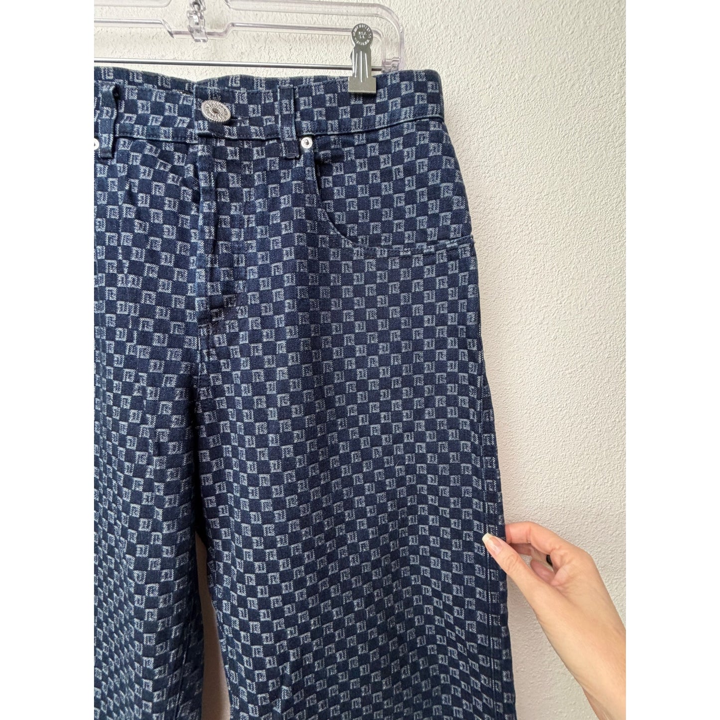 Balmain Men's 32 Blue Monogram Button Fly Wide Leg Jeans