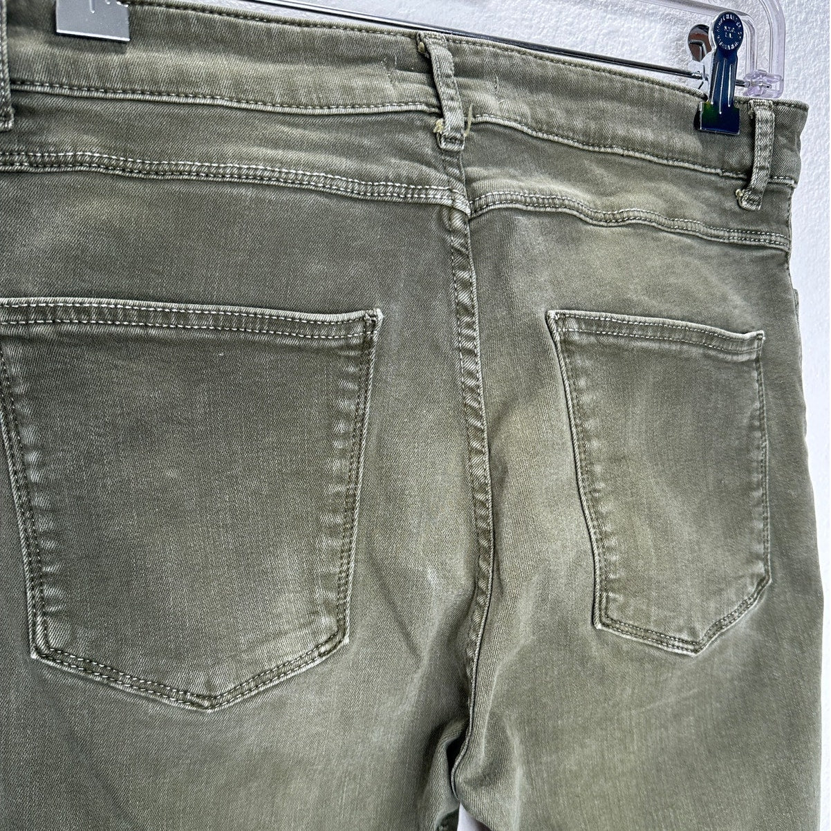 Zara Women Olive Green Button Fly Distressed Knee Skinny Jean High Waist 10