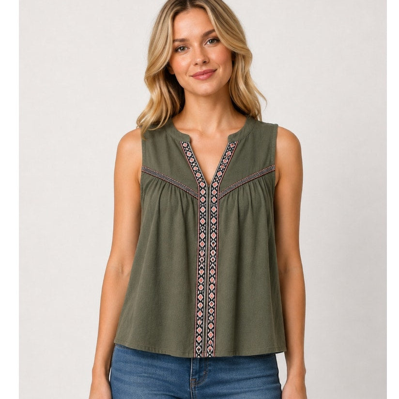 Braeve Olive Green Black Pink & White Aztec Print Trim Sleeveless Flowy Blouse S
