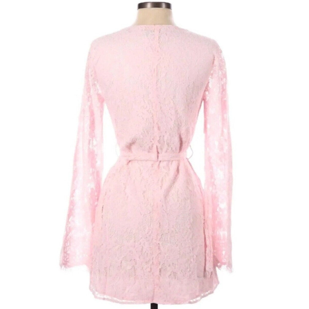 Marjorelle Pale Pink Lace Long Sleeve Tie Waist Kimono Wrap Mini Dress Robe M
