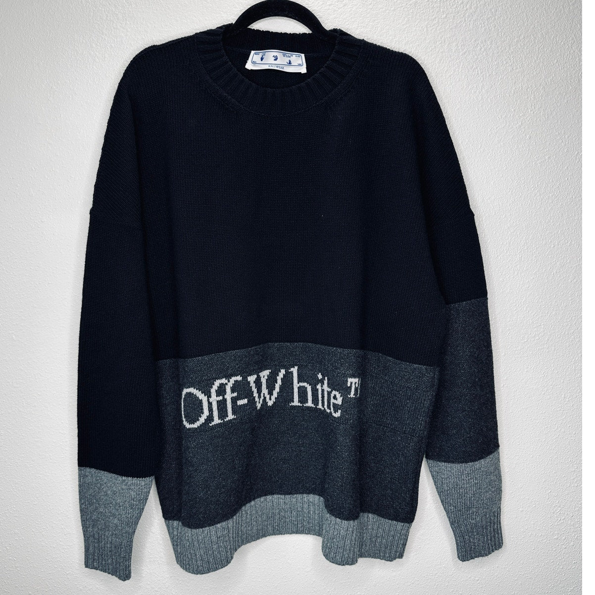 Off White Wool Black & Gray Colorblock Crew Neck Sweater Jumper XL