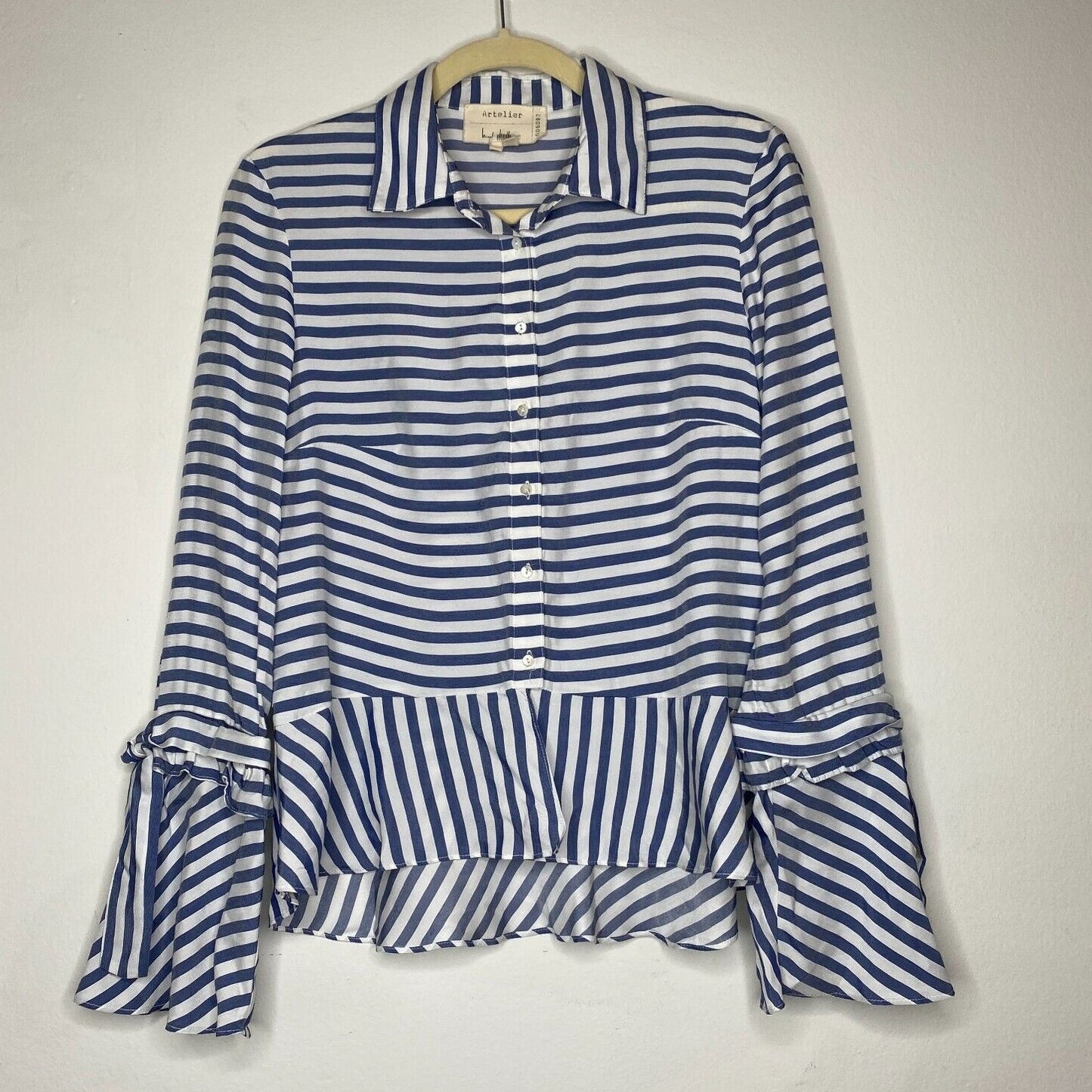 Artelier Blue and White Stripe Collar Button Down Bell Tie Sleeve Blouse XS