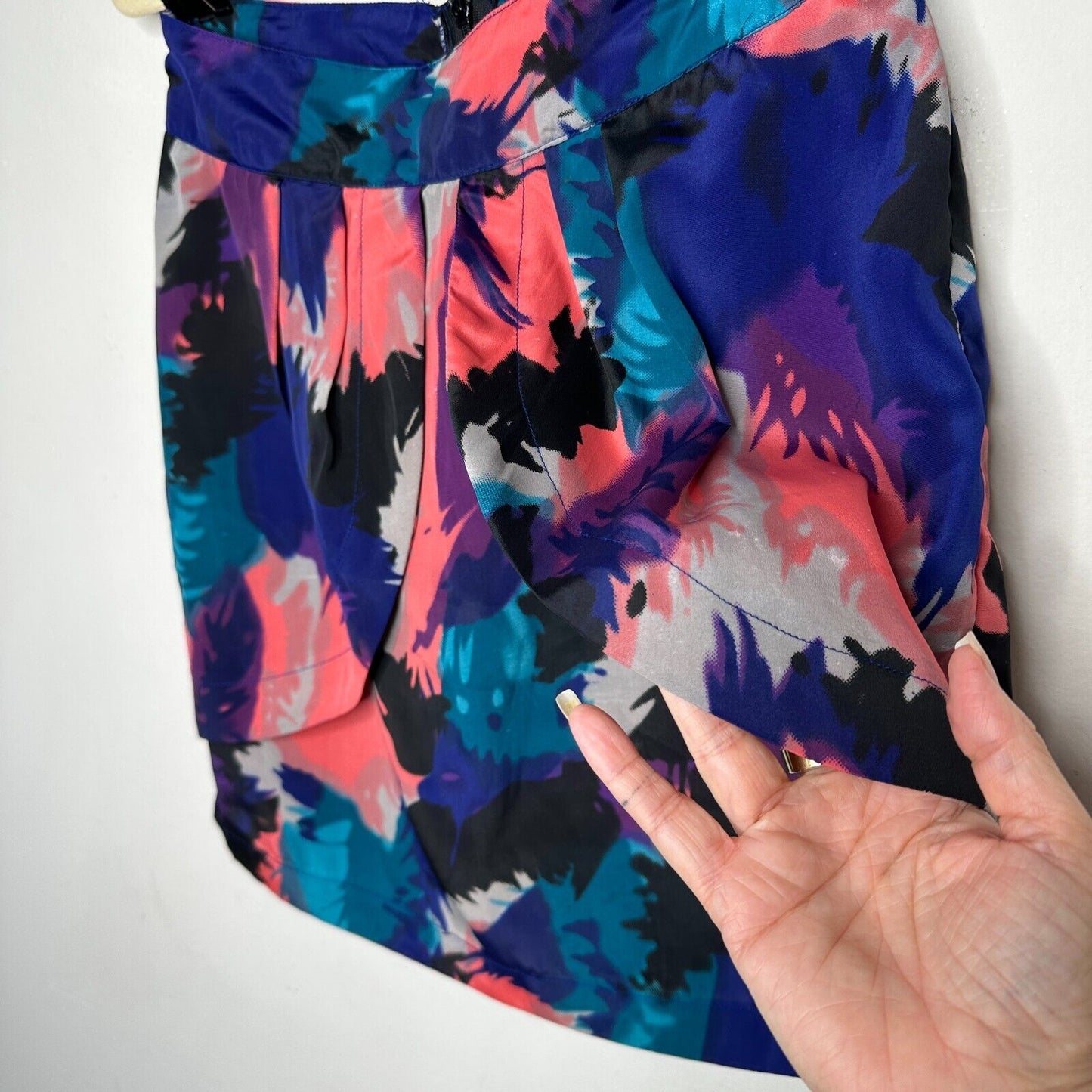 Delicia Satin Purple Pink Blue Geometric Light Side Tulip Zip Back Skirt S