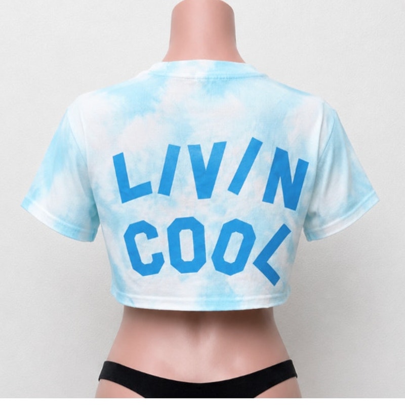 Livin Cool Pale Blue White Tie Dye Livin Cool Logo Short Sleeve Crop Tee XS