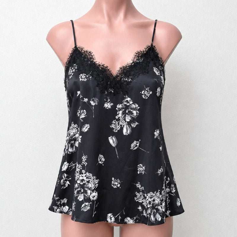 Cami NYC Black White Floral Lace Trim Silk Racer Cami Tank Top XS