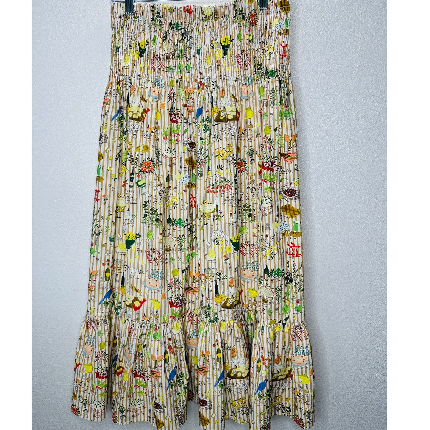 Rhode Artie Shirred Waist Ruffle Hem Printed Cotton Poplin Midi Skirt XL