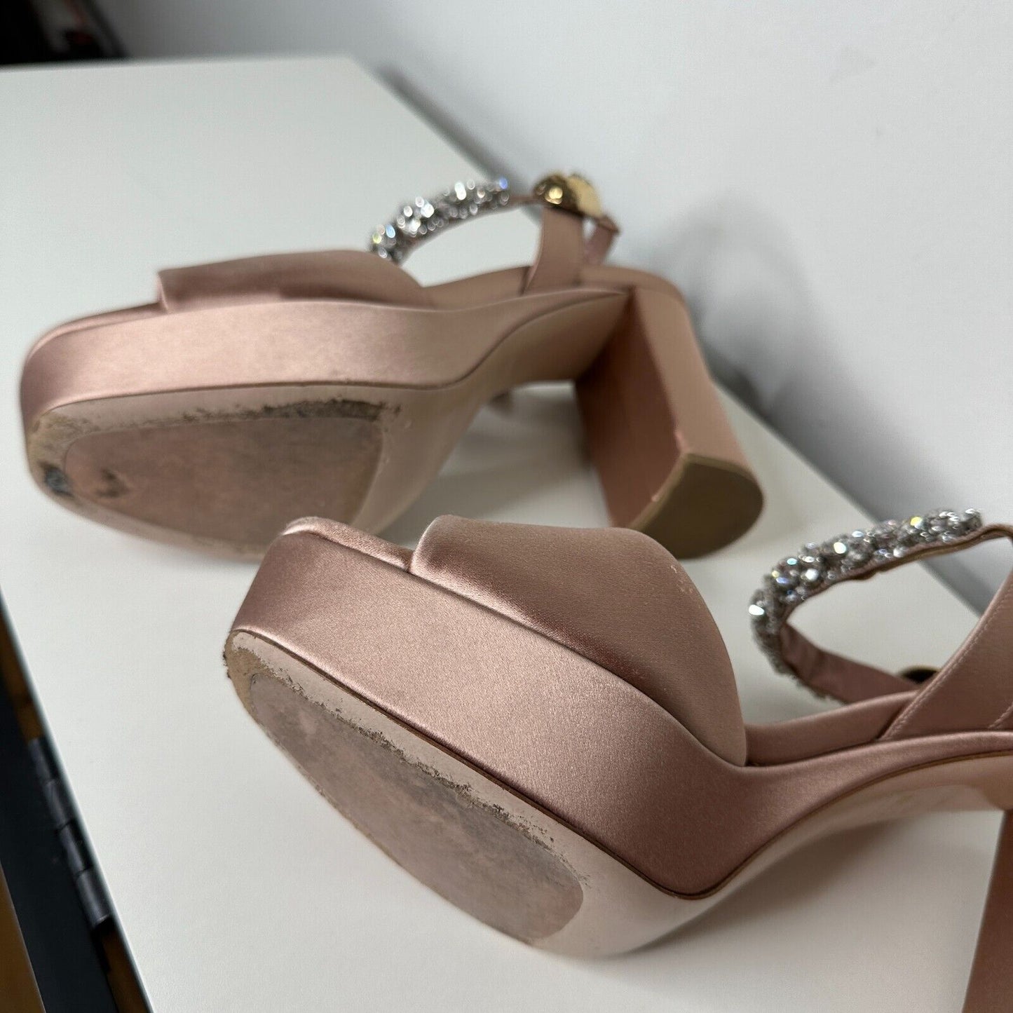 Miu Miu Nude Calzature Donna Satin Crystal Ankle Strap Platform Block Heels 10.5