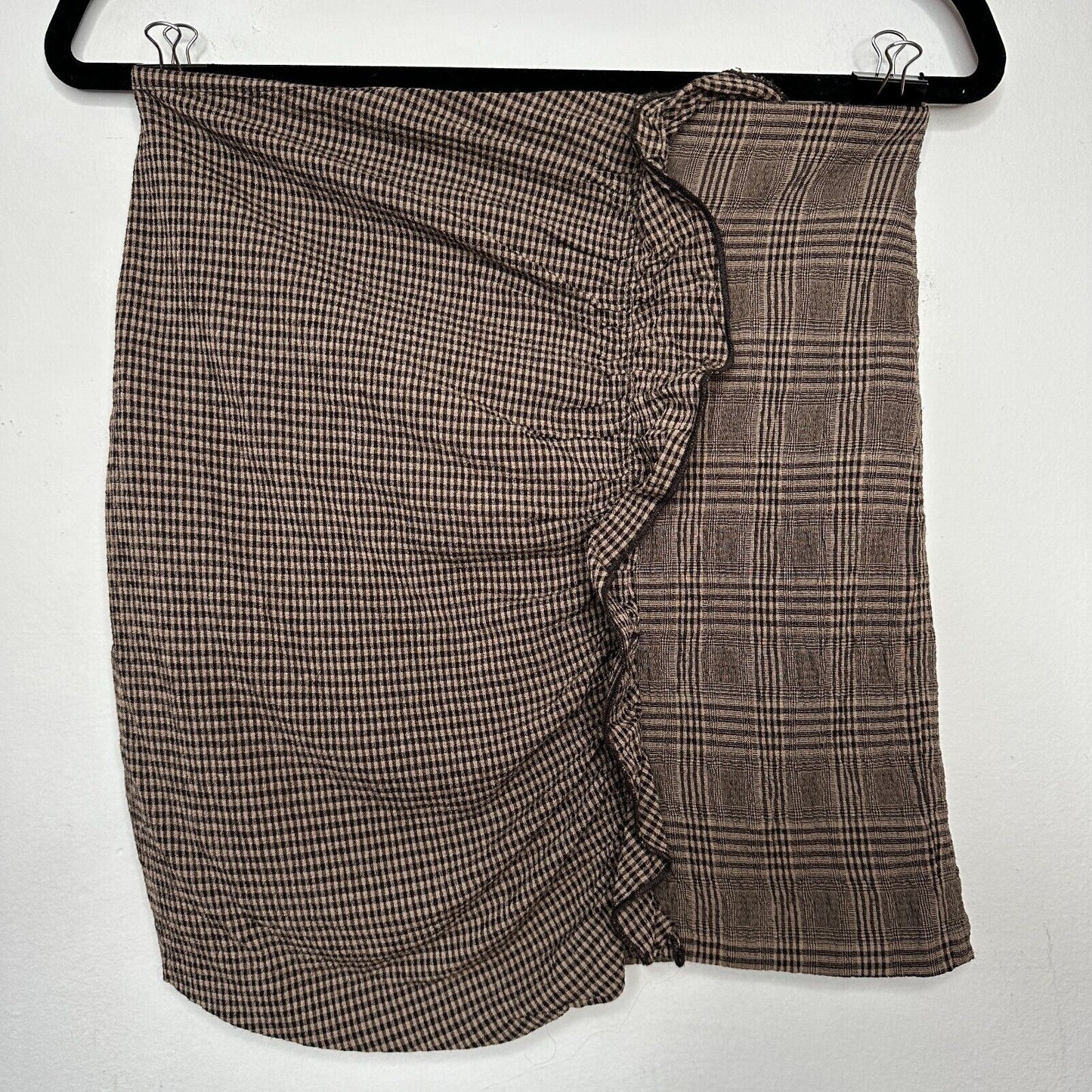 Mango Brown Plaid Checkerboard Mix Fabric Side Ruffle ALine Back Zip Skirt Med