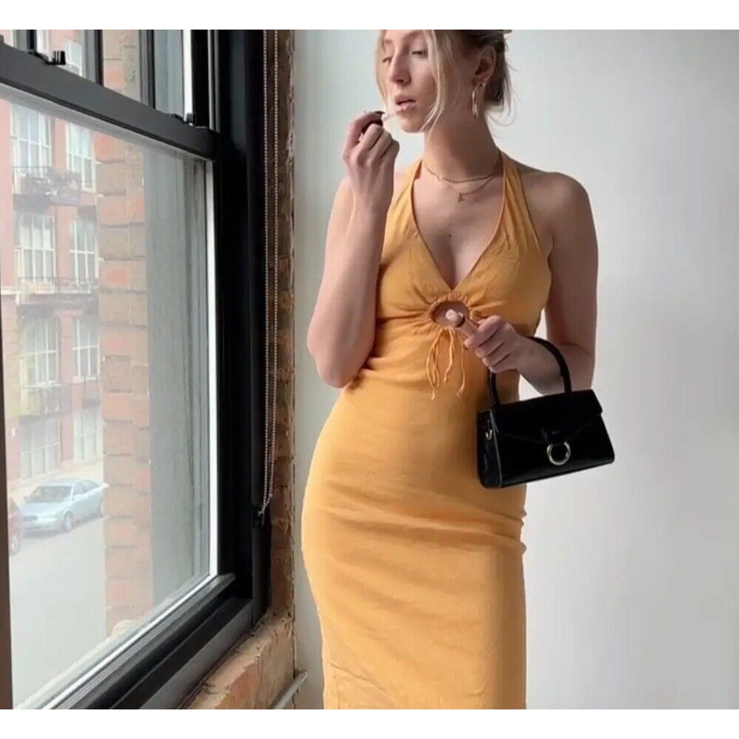 Zara Mustard Yellow Halter V-Neck Sun Dress O-Ring Cutout Front Open Back Small