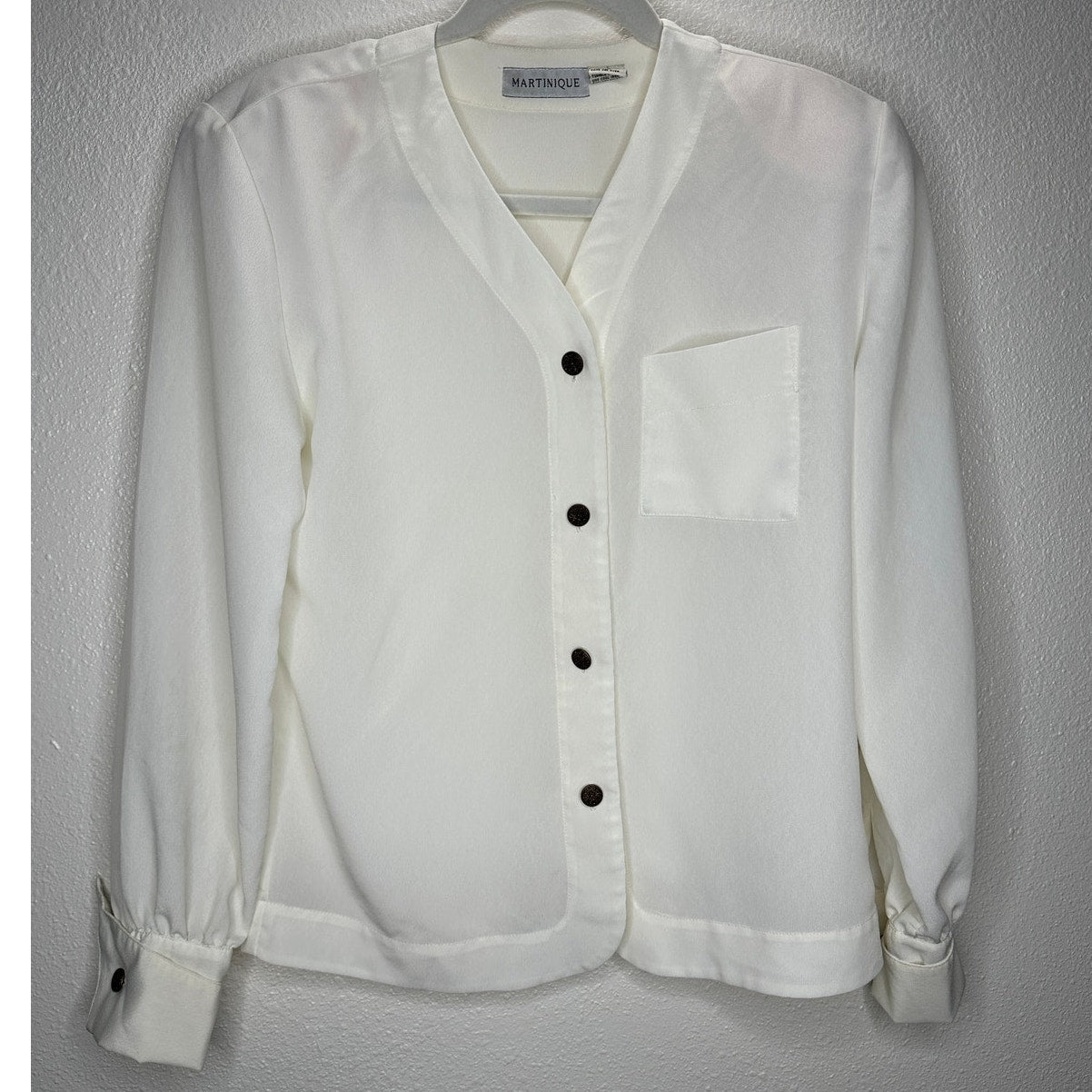 Martinique Ivory Long Sleeve V-Neck Bronze Button Up Blouse Top 6